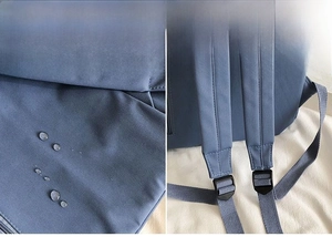 Close-up of waterproof fabric with water droplets and adjustable backpack shoulder straps