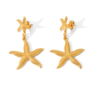 Macro detail of gold-plated starfish earrings with intricate metallic texture and design