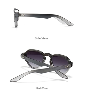 Side and back view of retro round sunglasses with translucent frames and gradient lenses