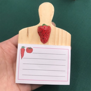 Miniature wooden cutting board memo pad with 3D strawberry decoration and vegetable motifs