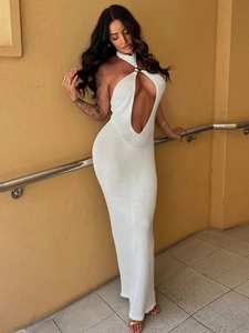 Elegant white halter neck knitted maxi dress with bold cut-out design for women