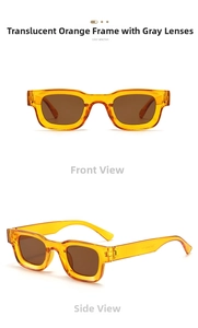 Detail view of transparent orange rectangular sunglasses with dark grey lenses and PC frame