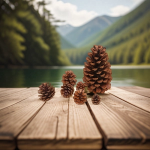 Natural wooden pine cones in various sizes arranged on a rustic wooden platform outdoors