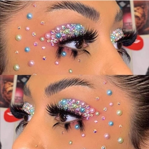 DIY colorful adhesive pearls and face rhinestones for creative eye and forehead makeup