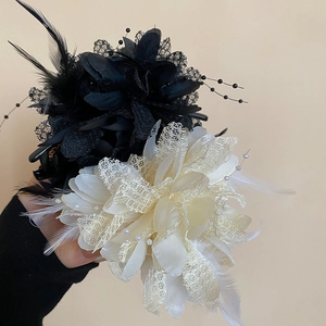 Elegant Flower Hair Claw Clip With Lace Feather Beads Fabric Large Retro Gothic Sweet Styling Hair Accessory For Women