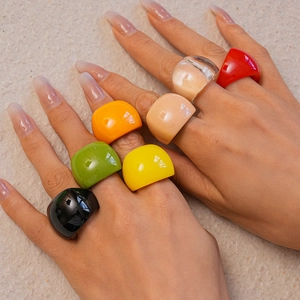 Close-up of colorful chunky resin rings in high-gloss finish for a bold fashion look