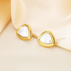 Minimalist triangle shell earrings in gold stainless steel with small rhinestone accents