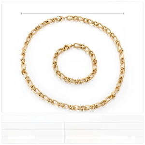 Detailed view of golden stainless steel machine chain necklace and bracelet set