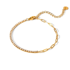 Detail of gold-plated chain bracelet with zircon stone segments and lobster clasp