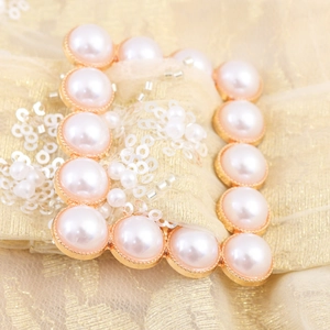 Elegant square gold buckle with pearl inlay on shimmering champagne sequin fabric