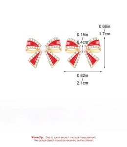 Detailed size chart for red bow earrings showing height of 1.7cm and width of 2.1cm