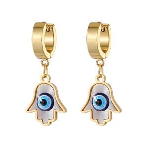 Gold Hamsa Hand earrings with blue Evil Eye and white shell inlay on white background