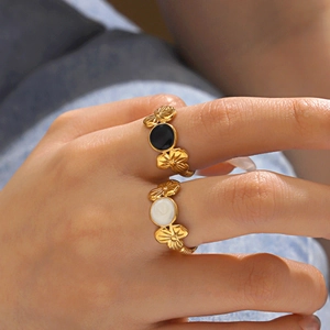 Minimalist gold flower open ring with black and white enamel inlays for women