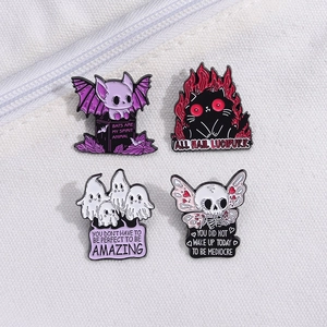 Set of 4 Gothic Halloween enamel pins with bats and black cat on canvas background