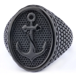 Men's vintage anchor ring in black stainless steel with honeycomb texture and 3D relief
