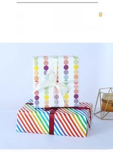 Close-up of gift wrapping paper featuring vibrant rainbow stripes and colorful polka dots
