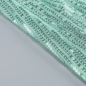 Close-up of mint green sequin mesh fabric showing detailed texture and shiny round sequins