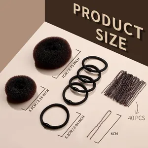 Hair styling tool set including donut bun makers in two sizes, hair ties, and 40 U-shaped pins