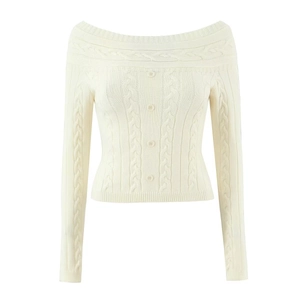 Off-shoulder cable knit sweater and shorts set for women in elegant creamy white color