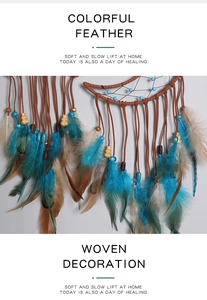Detail of moon star dream catcher with blue feathers and turquoise beads wall hanging