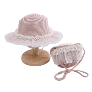 Pink straw sun hat and matching mini bag set with mesh lace and sequins for girls