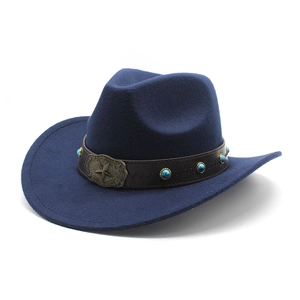 Detail of navy wool cowboy hat with leather band, blue beads and vintage star buckle
