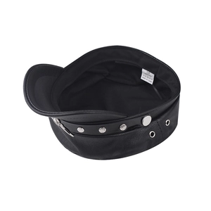Black PU leather baker boy hat with silver rivets and internal size tag view