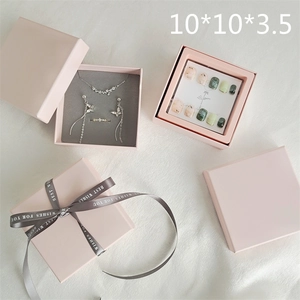 Pink square jewelry gift box 10x10x3.5cm with grey ribbon for necklaces and rings