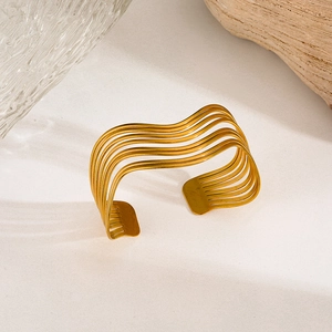 Golden multi-layer wavy open cuff bracelet in minimalist stainless steel design