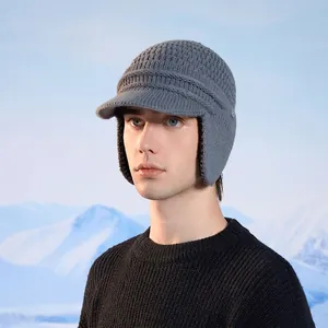 Winter warm knitted baseball cap with ear flaps and sun visor in heather grey