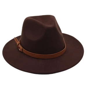Detail of dark brown wool fedora hat featuring a suede belt and golden metal buckle