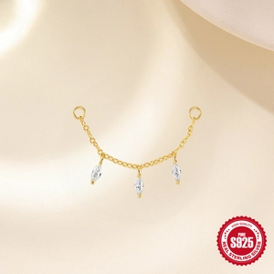 Boucles d'oreilles chaîne en argent 925 doré avec trois zircons marquise étincelants