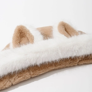 Winter plush fox ear hat in brown and white faux fur with warm earflaps