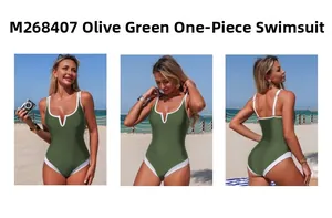 Three views of a military green one-piece swimsuit with white contrast trim on a beach