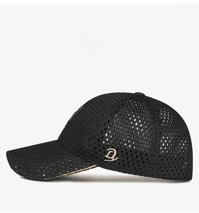 Detailed side view of breathable mesh baseball cap with embroidered shield logo
