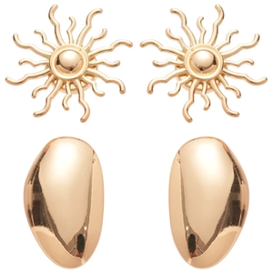 Golden sunburst stud earrings and polished teardrop set in minimalist metal design