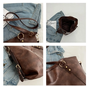 Detailed views of a brown textured faux leather tote bag with gold metal hardware