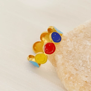 Adjustable gold stainless steel ring with colorful enamel evil eye and smiley face charms