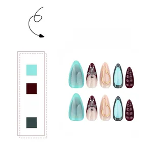 Detail of almond press-on nails featuring cross charms, weaving texture and mixed colors