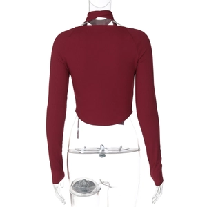Vista posteriore del crop top a maniche lunghe rosso scuro a costine su manichino trasparente