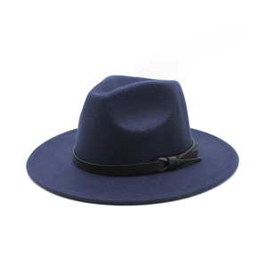 Classic dark blue wool fedora hat with elegant black leather band in 45-degree view