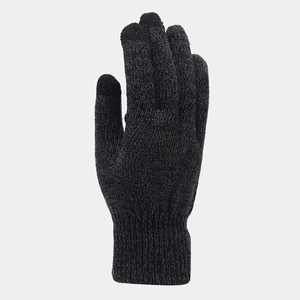 Close-up of black knitted gloves with touchscreen fingertips and thermal ribbed cuffs