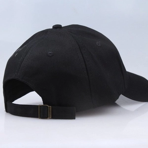 Adjustable black cotton twill baseball cap with metal buckle closure back view
