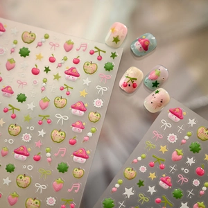 Autocollants d'ongles mignons avec motifs de champignons, pommes et divers fruits cartoon