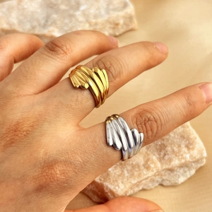 18K Gold Plated Stainless Steel Open Ring Women Wave Pleated Ribbed Geometric Texture Adjustable Fashion Jewelry