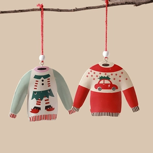 Retro metal Christmas tree ornaments featuring Nordic sweater style car and elf designs