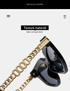 Detail of modern cat eye sunglasses featuring gold metal chain temples and texture material