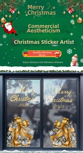 Close-up of golden Merry Christmas 2026 window decal with festive bow on glass