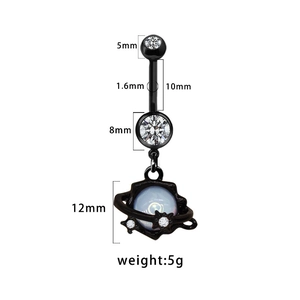 Detailed size specifications for black moon belly ring with blue stone planet pendant