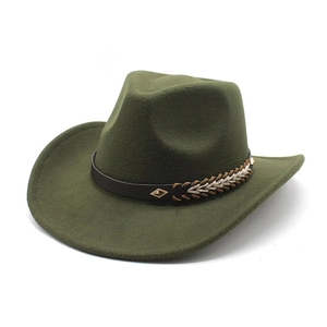 Detail of army green wool felt cowboy hat with leather band and golden diamond buckle